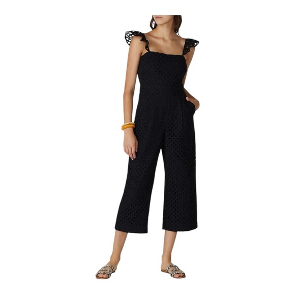 J. Crew Kasana Wide Leg Eyelet Jumpsuit Cropped in Black Eyelet Size 12 - Picture 1 of 9
